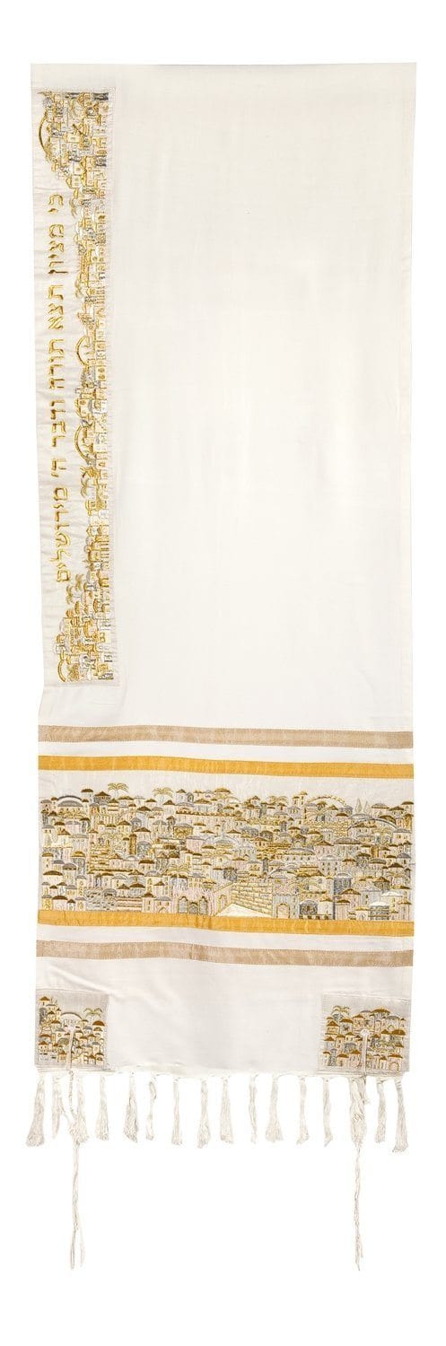 Tallit Set - Jerusalem In Gold - Tight Knit Embroidery 