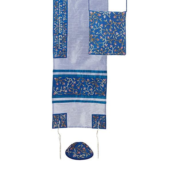 Tallit Set - Machine Embroidery - Flowers - Light Blue 