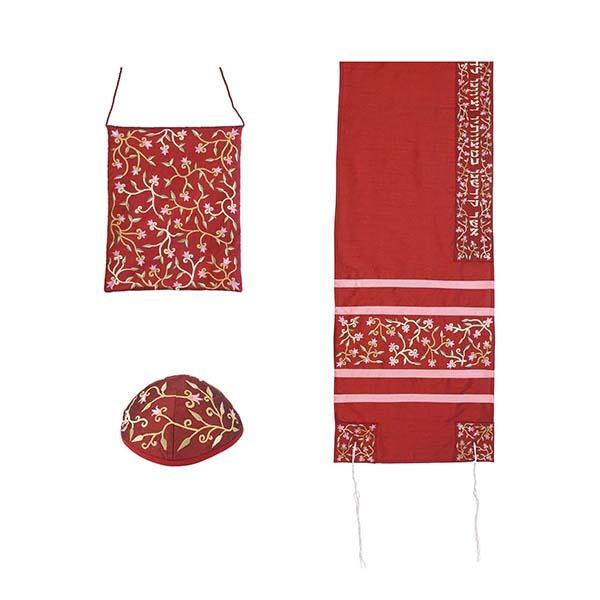 Tallit Set - Machine Embroidery - Flowers - Maroon 