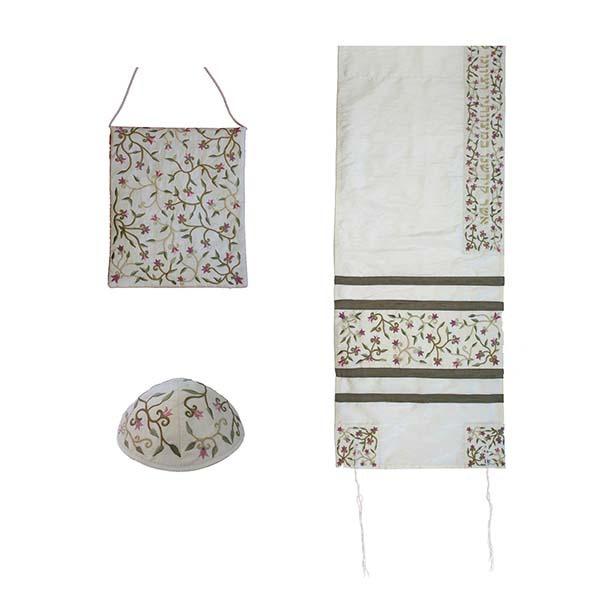 Tallit Set - Machine Embroidery - Flowers - White 