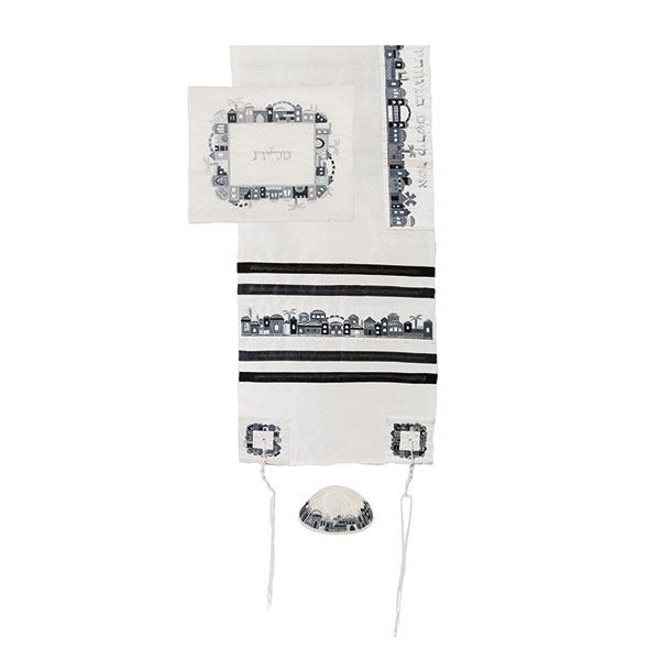Tallit Set - Machine Embroidery - Jerusalem - Black + Gray 