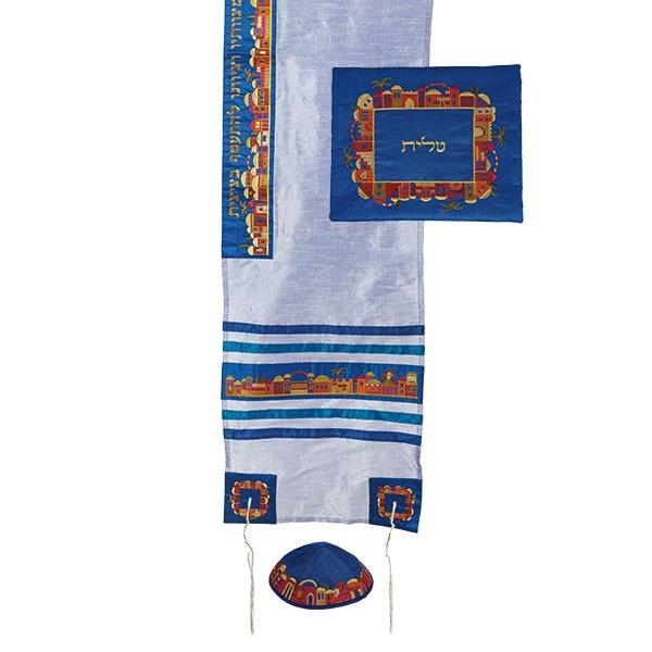 Tallit Set - Machine Embroidery - Jerusalem - Light Blue 