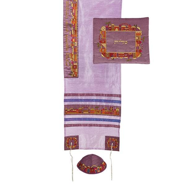 Tallit Set - Machine Embroidery - Jerusalem - Purple 