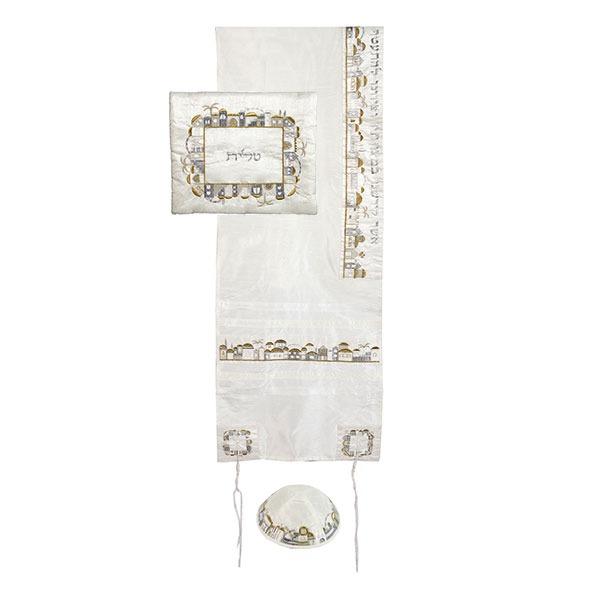 Tallit Set - Machine Embroidery - Jerusalem - Silver + Gold 