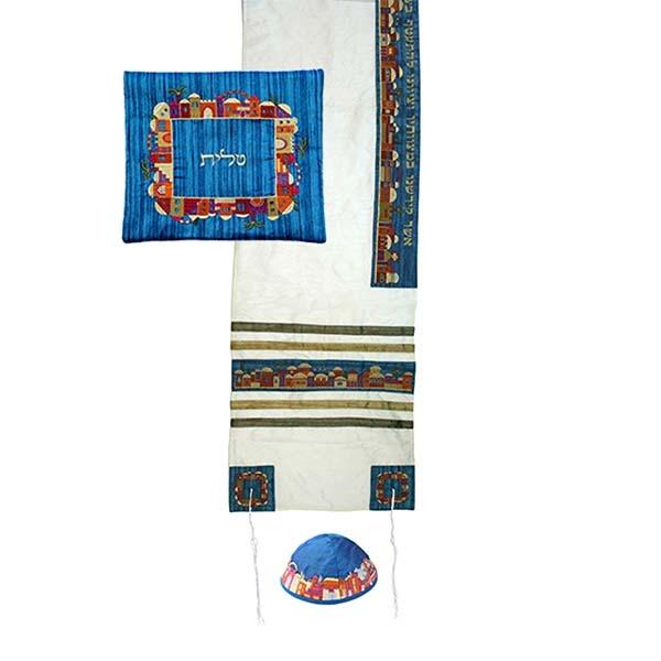 Tallit Set - Machine Embroidery - Jerusalem - White 