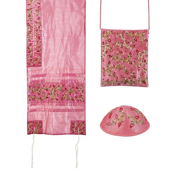 Tallit Set - Machine Embroidery - Pomegranates - Pink 