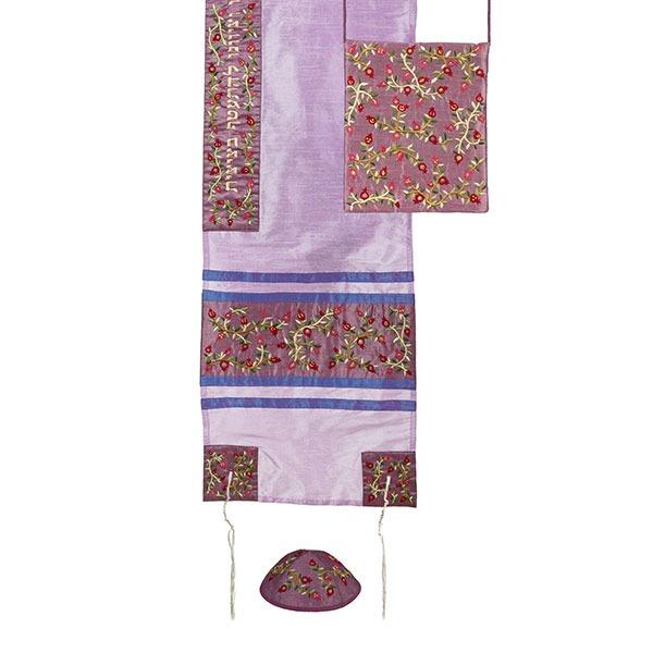 Tallit Set - Machine Embroidery - Pomegranates - Purple 