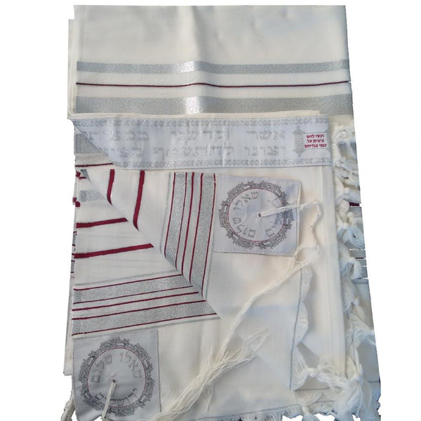 Tallit Wool Maroon & Silver Jerusalem Tallit Tzizit Tied Blue Techelet 60 x 80"