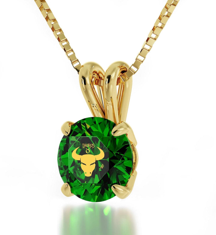 Taurus Sign, 14k Gold Necklace, Swarovski Necklace Emerald Green 