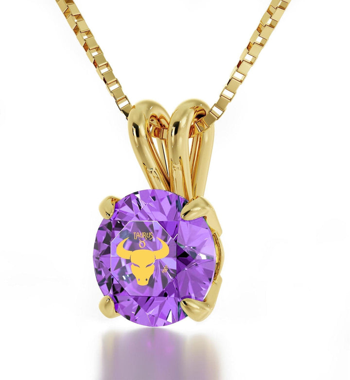 Taurus Sign, 14k Gold Necklace, Swarovski Necklace Violet Light Amethyst 