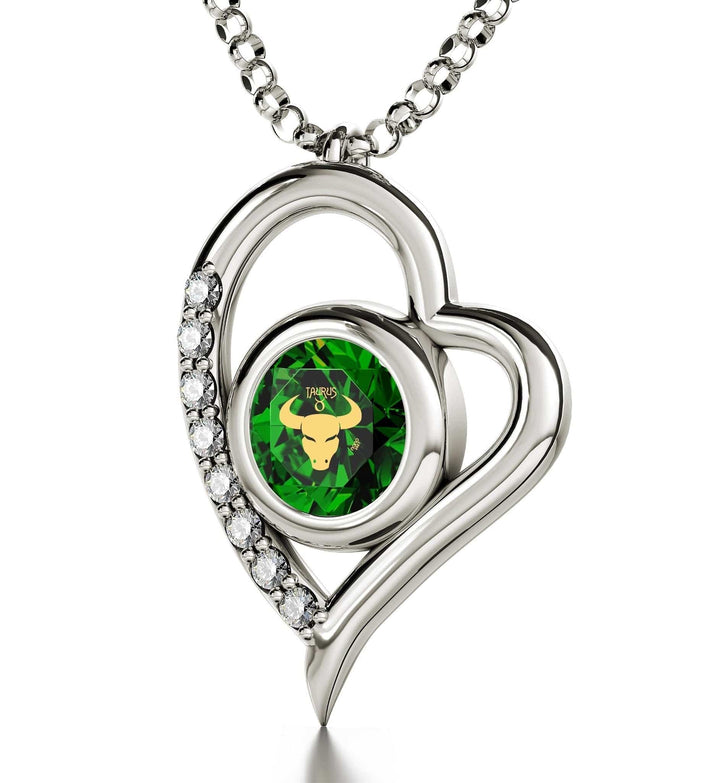 Taurus Sign, 14k White Gold Diamonds Necklace, Swarovski Necklace Emerald Green 