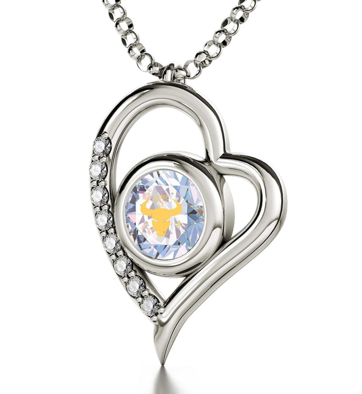 Taurus Sign, 14k White Gold Diamonds Necklace, Swarovski Necklace Opalite 