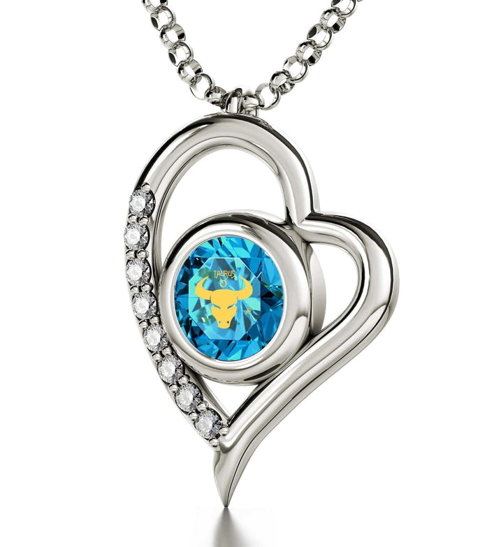 Taurus Sign, 14k White Gold Diamonds Necklace, Swarovski Necklace Turquoise Blue-Topaz 