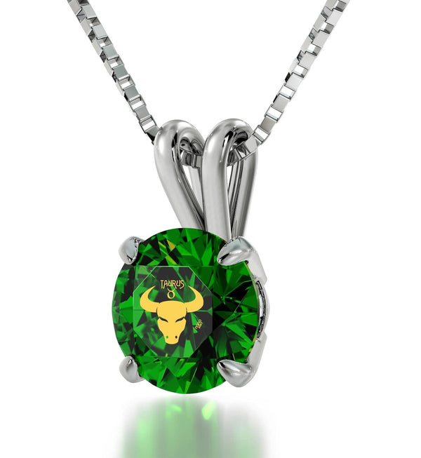 Taurus Sign, 14k White Gold Necklace, Swarovski Necklace Emerald Green 