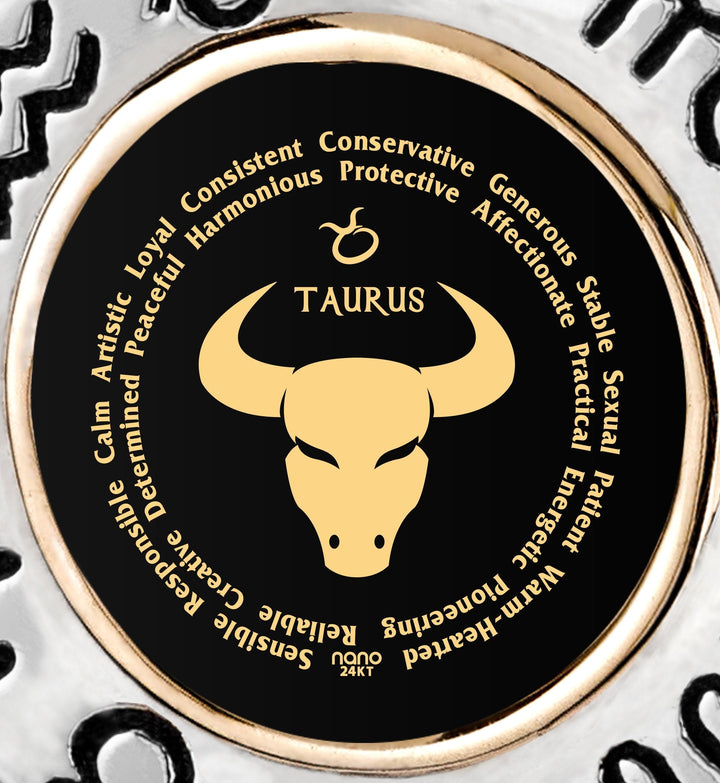 Taurus Sign, 925 Sterling Silver with 14K Gold Necklace, Onyx Necklace 