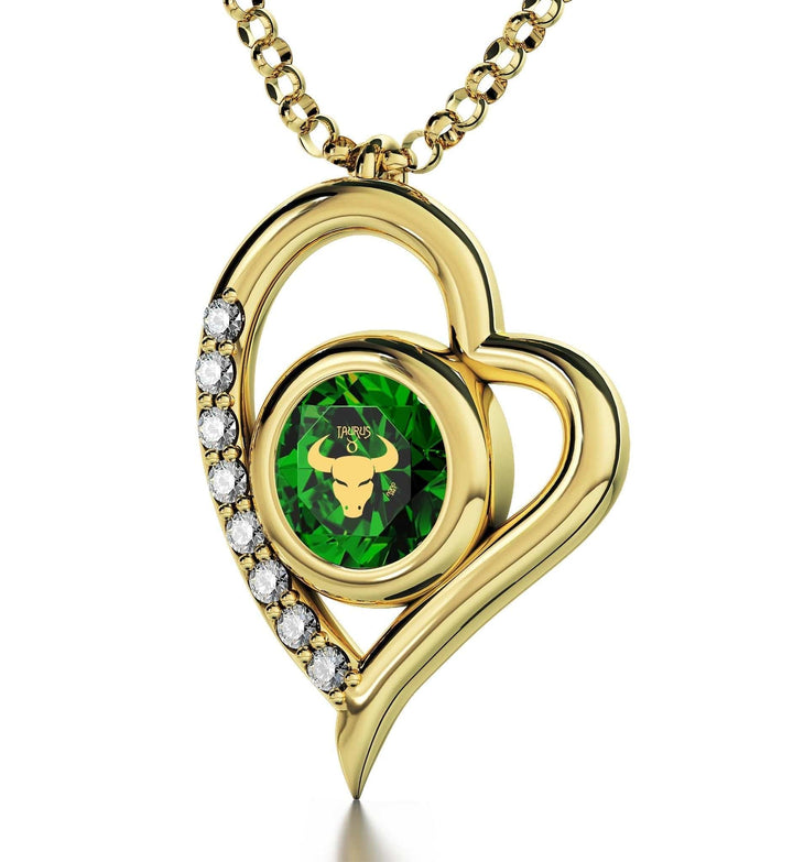 Taurus Sign, Sterling Silver Gold Plated (Vermeil) Necklace, Swarovski Necklace Emerald Green 