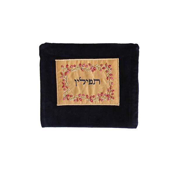 Tefillin Bag - Velvet + Embroidered Applique - Pomegranate 