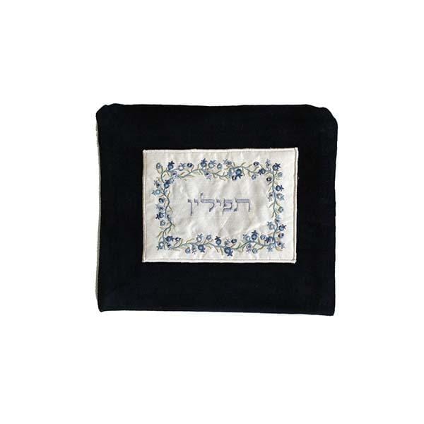 Tefillin Bag - Velvet + Embroiderey - Pomegranate- Blue 