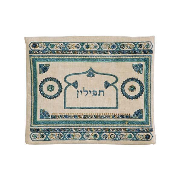 Tfilin Bag - Embroidery - Linen - Blue 