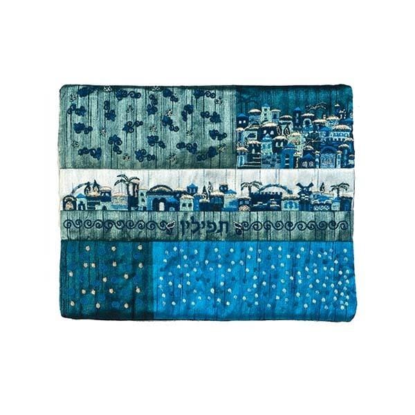 Tfilin Bag - Embroidery + Patches - Jerusalem Blue 