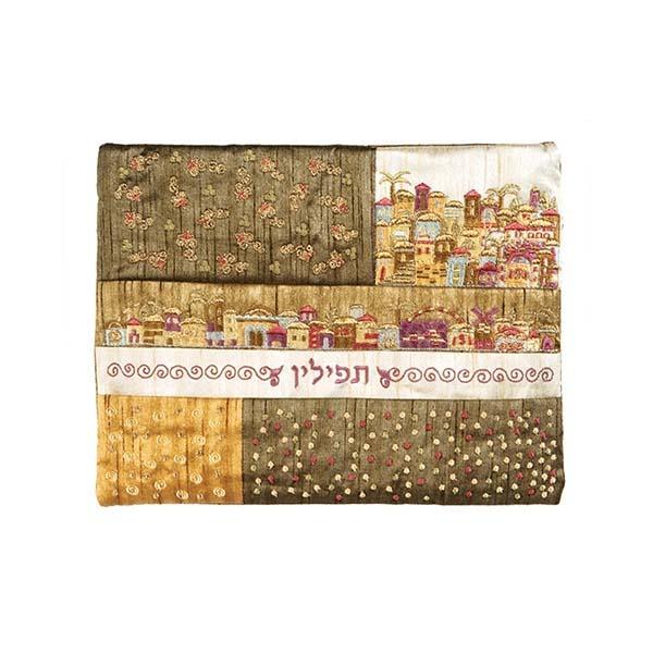 Tfilin Bag - Embroidery + Patches - Jerusalem Gold 