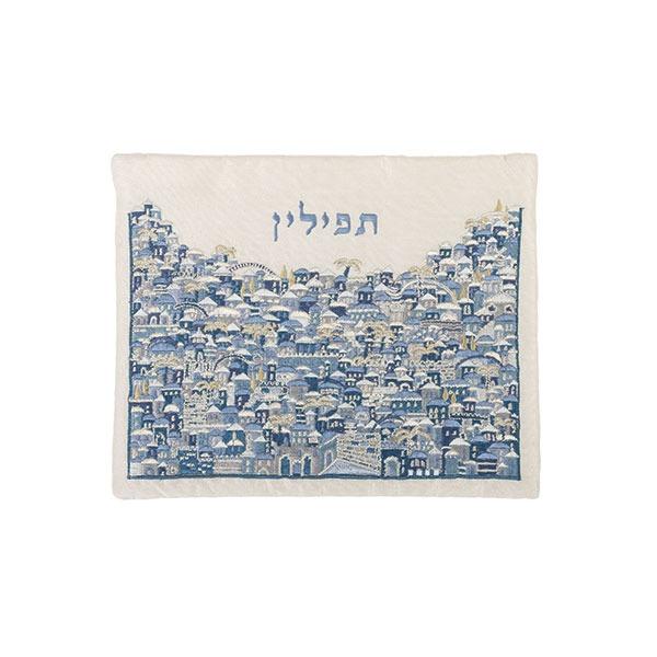 Tfilin Bag - Full Embroidery - Jerusalem - Blue 