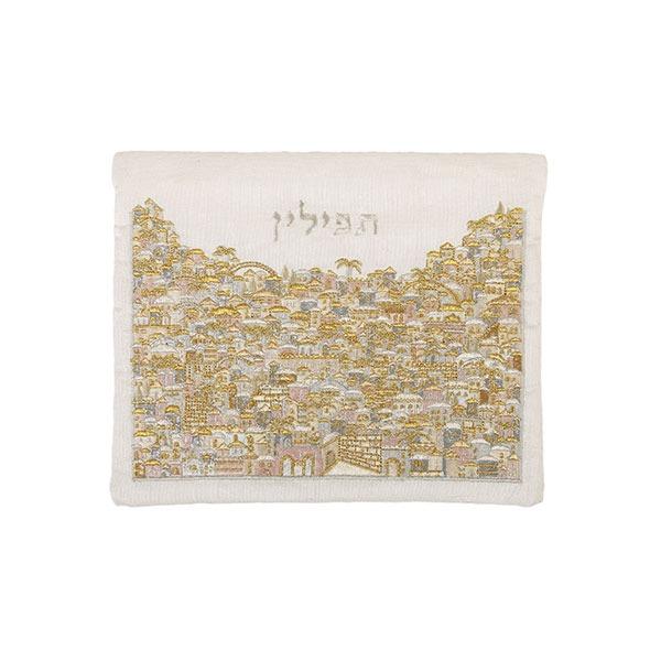 Tfilin Bag - Full Embroidery - Jerusalem - Silver + Gold 