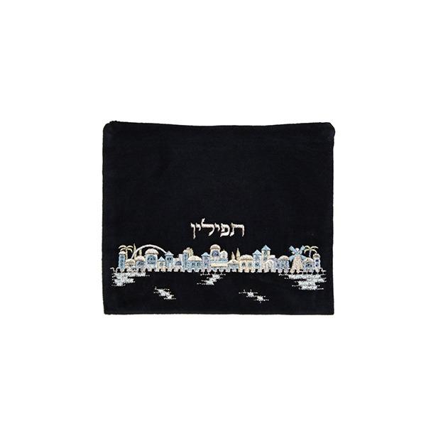 Tfilin Bag - Velvet Embroidered Tfilin Bag - Jerusalem Blue 