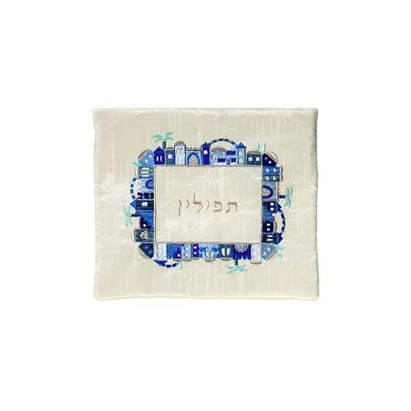 Tfillin Bag - Embroidery - Jerusalem - Blue on White 