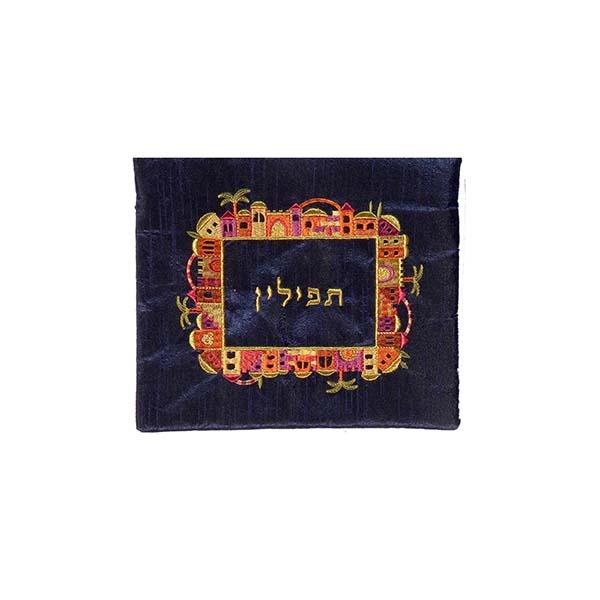 Tfillin Bag - Embroidery - Jerusalem - Multicolor on Blue 