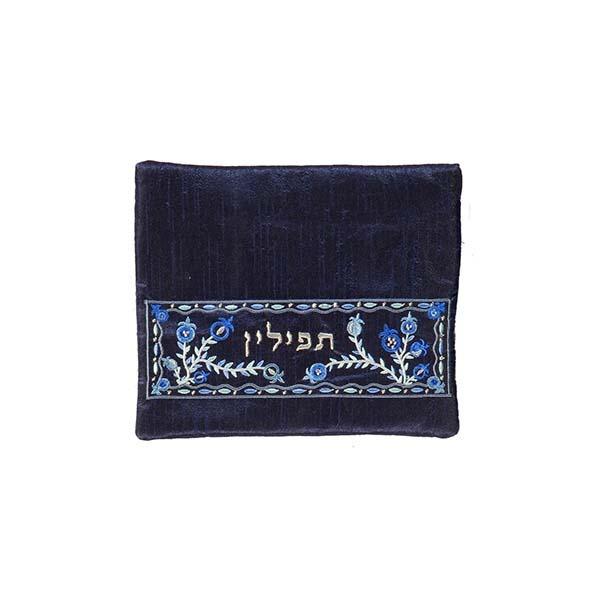 Tfillin Bag - Machine Embroidery - Pomegranates - Blue 