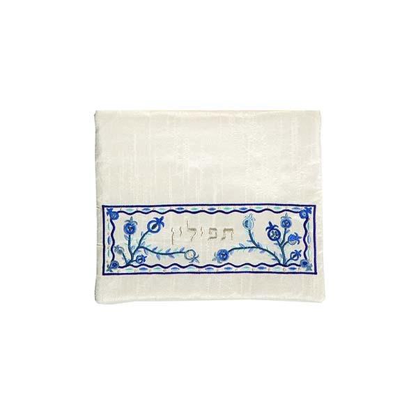 Tfillin Bag - Machine Embroidery - Pomegranates - White 