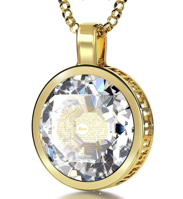 Thank You Mom, 14k Gold Necklace , Zirconia Necklace Clear Crystal 
