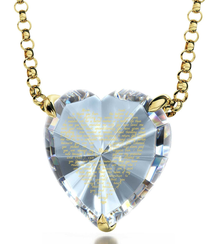 Thank You Mom, 14k Gold Necklace, Zirconia Necklace Clear Crystal 