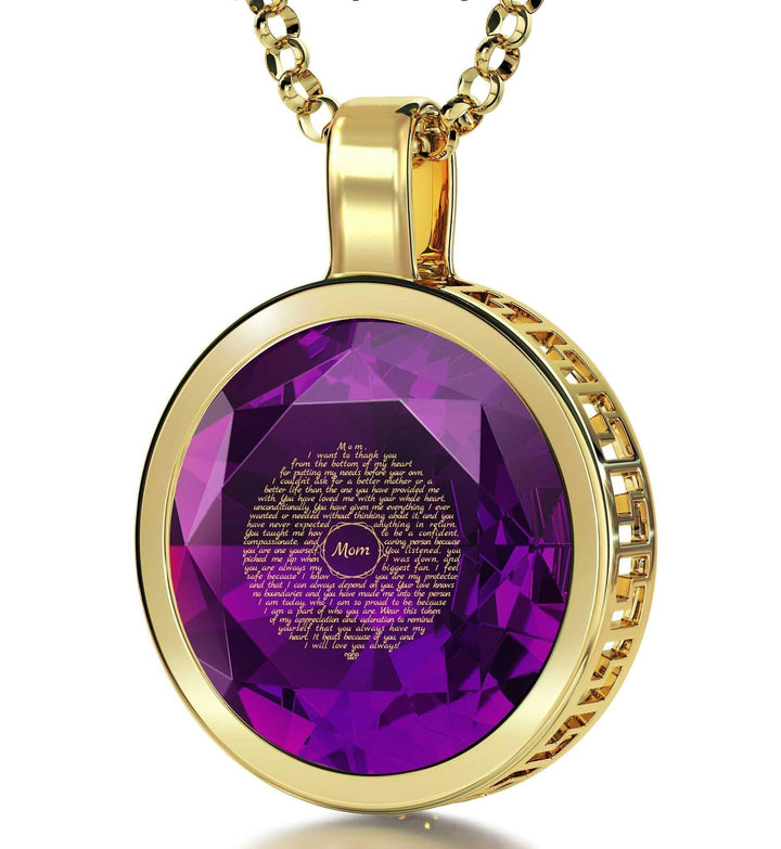 Thank You Mom, 14k Gold Necklace , Zirconia Necklace Purple Amethyst 