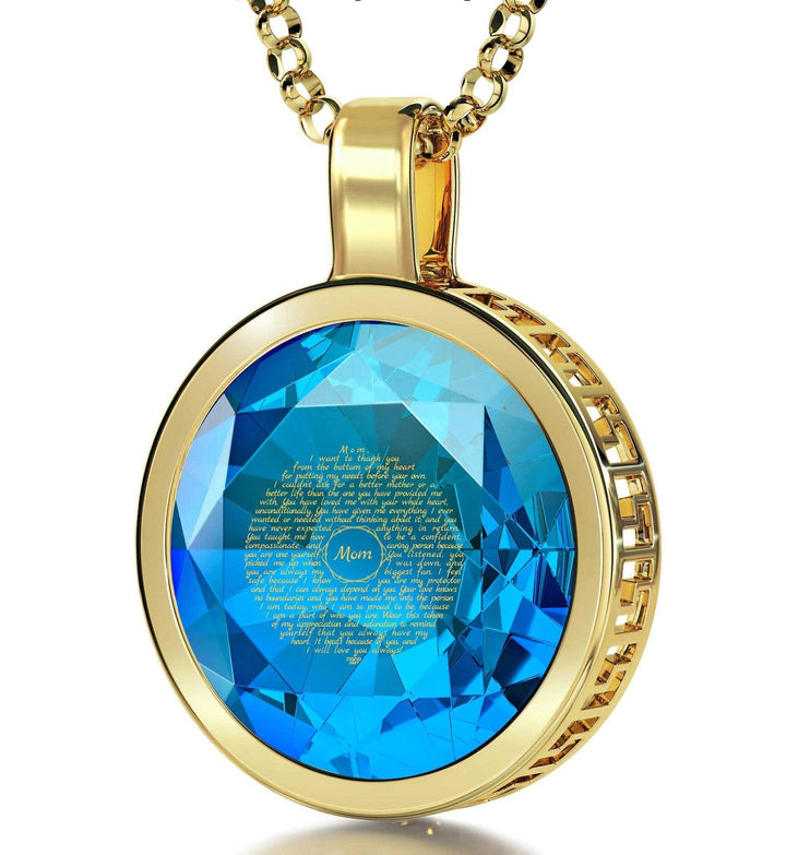 Thank You Mom, 14k Gold Necklace , Zirconia Necklace Turquoise Blue-Topaz 