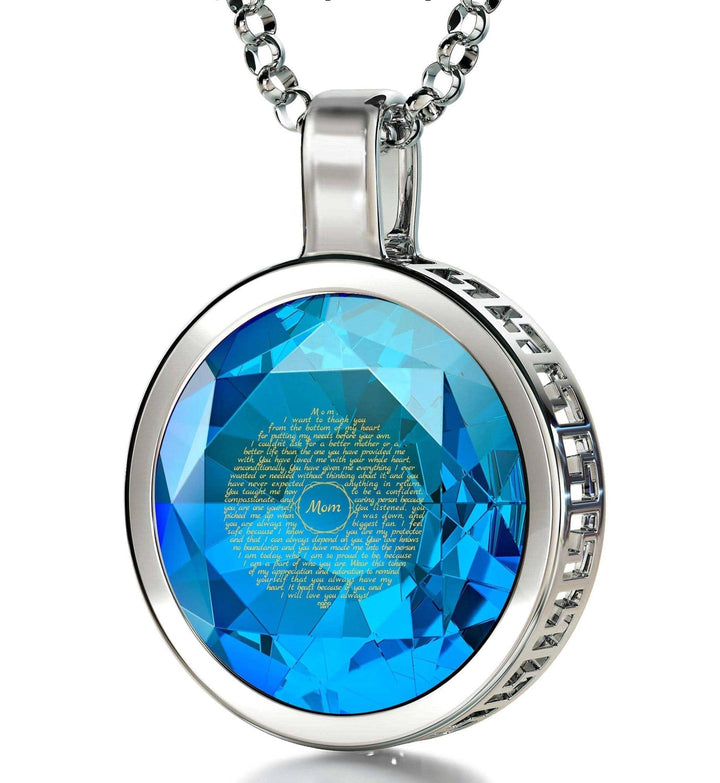 Thank You Mom, 14k White Gold Necklace, Zirconia Necklace Turquoise Blue-Topaz 