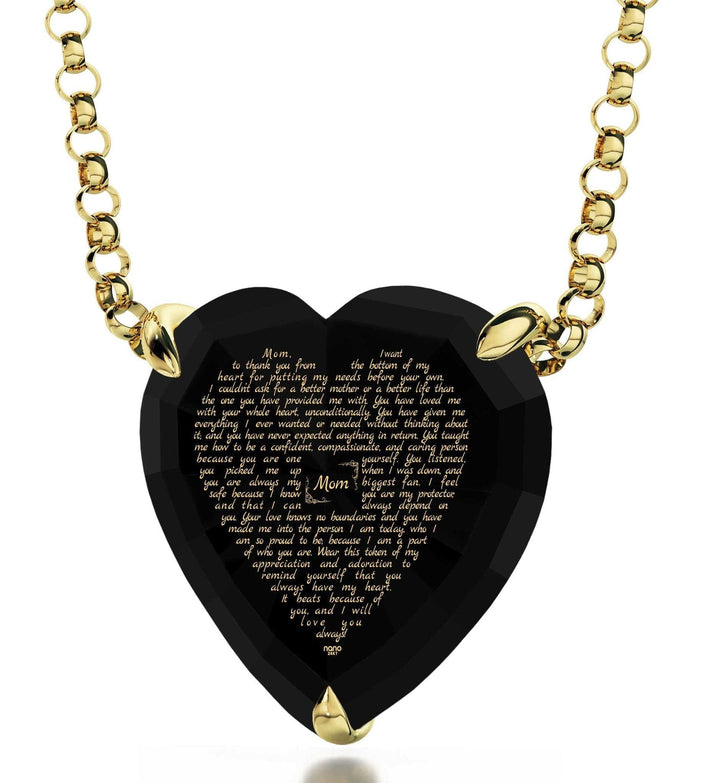 Thank You Mom, Sterling Silver Gold Plated (Vermeil) Necklace, Zirconia Necklace Black Jet 