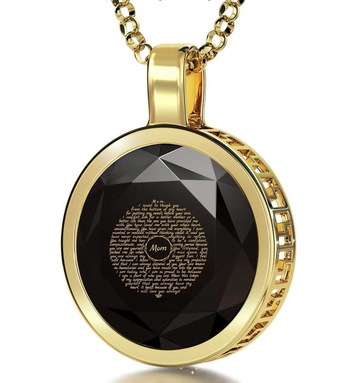 Thank You Mom, Sterling Silver Gold Plated (Vermeil) Necklace, Zirconia Necklace Black Jet 