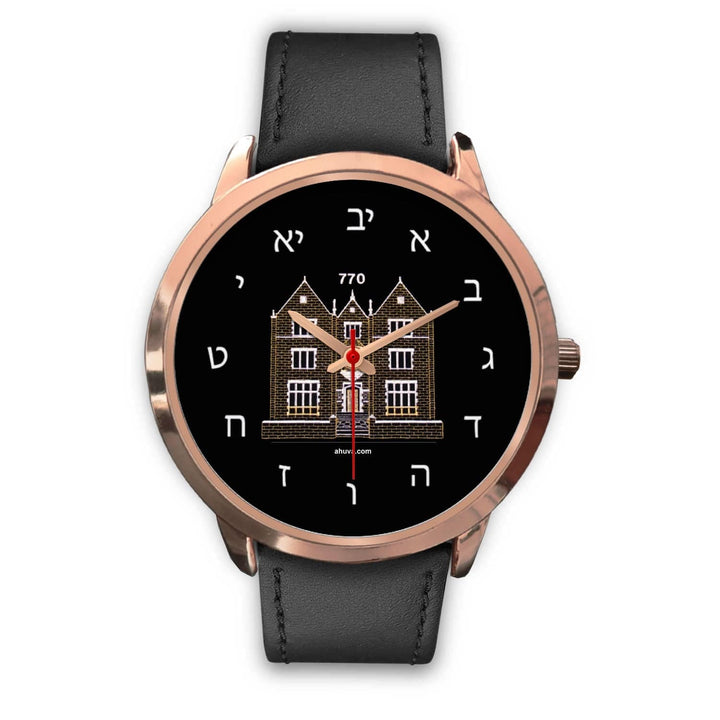 The Chabad 770 Hebrew Wristwatch Rose Gold Rose Gold Watch Mens 40mm Black Leather 