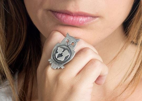 The Couple Coin Medallion on Owl Love Ring - Sterling Silver RINGS 