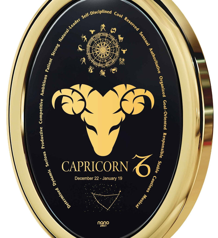 The World of Capricorn, Sterling Silver Gold Plated (Vermeil) Necklace, Onyx Necklace 