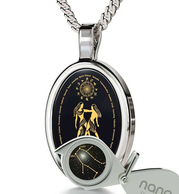 The World of Gemini, 14k White Gold Necklace, Onyx Necklace 