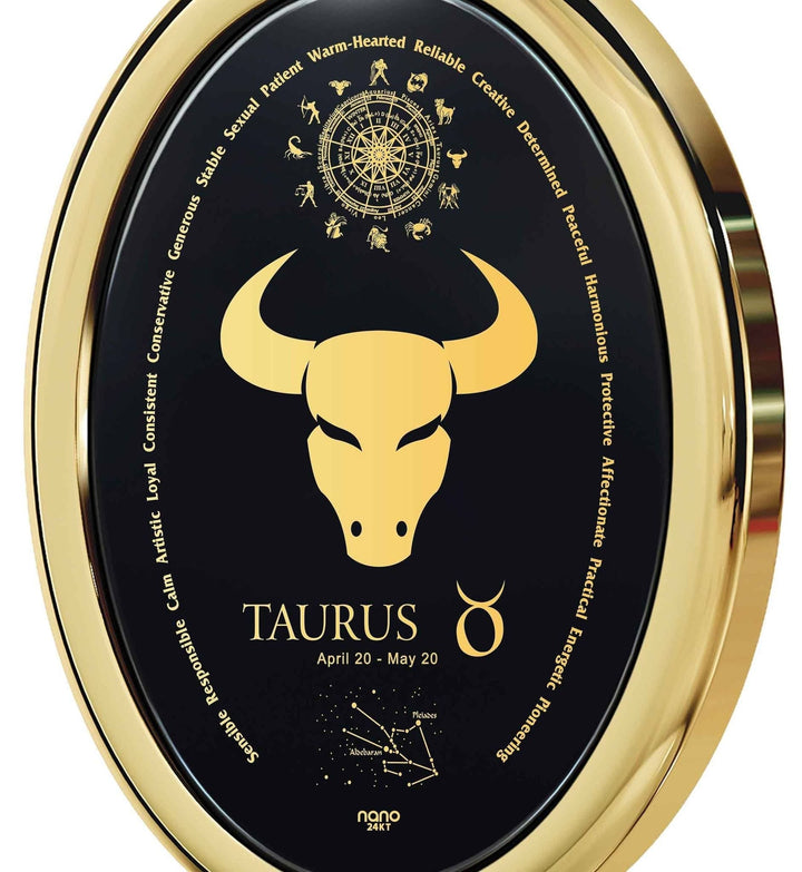 The World of Taurus, Sterling Silver Gold Plated (Vermeil) Necklace, Onyx Necklace 