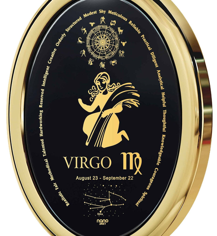 The World of Virgo, Sterling Silver Gold Plated (Vermeil) Necklace, Onyx Necklace 