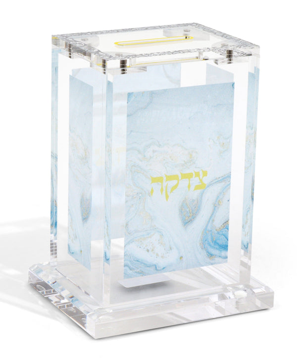 Acrylic Tzedakah Box with Blue Marble & Gold Design 4"x2.75"x2"-0