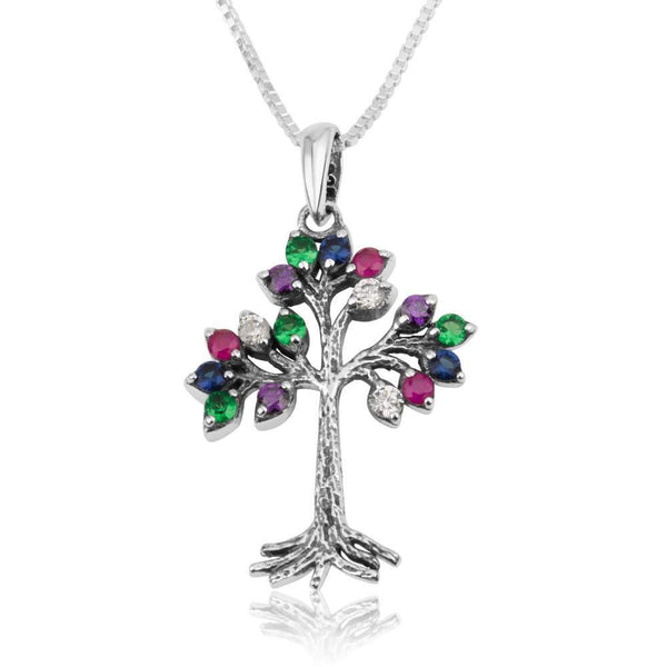 Tree Life Polished Siver Adorned Precious Gems Pendant Jewelry Holy Land Gift Jewish Jewelry 
