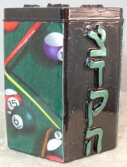 Tzedakah Box - Hand Painted On Tin In Motif Billiards 