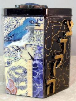 Tzedakah Box - Hand Painted On Tin In Motif Blue Bird of Happiness 