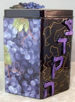 Tzedakah Box - Hand Painted On Tin In Motif Concord Grapes 